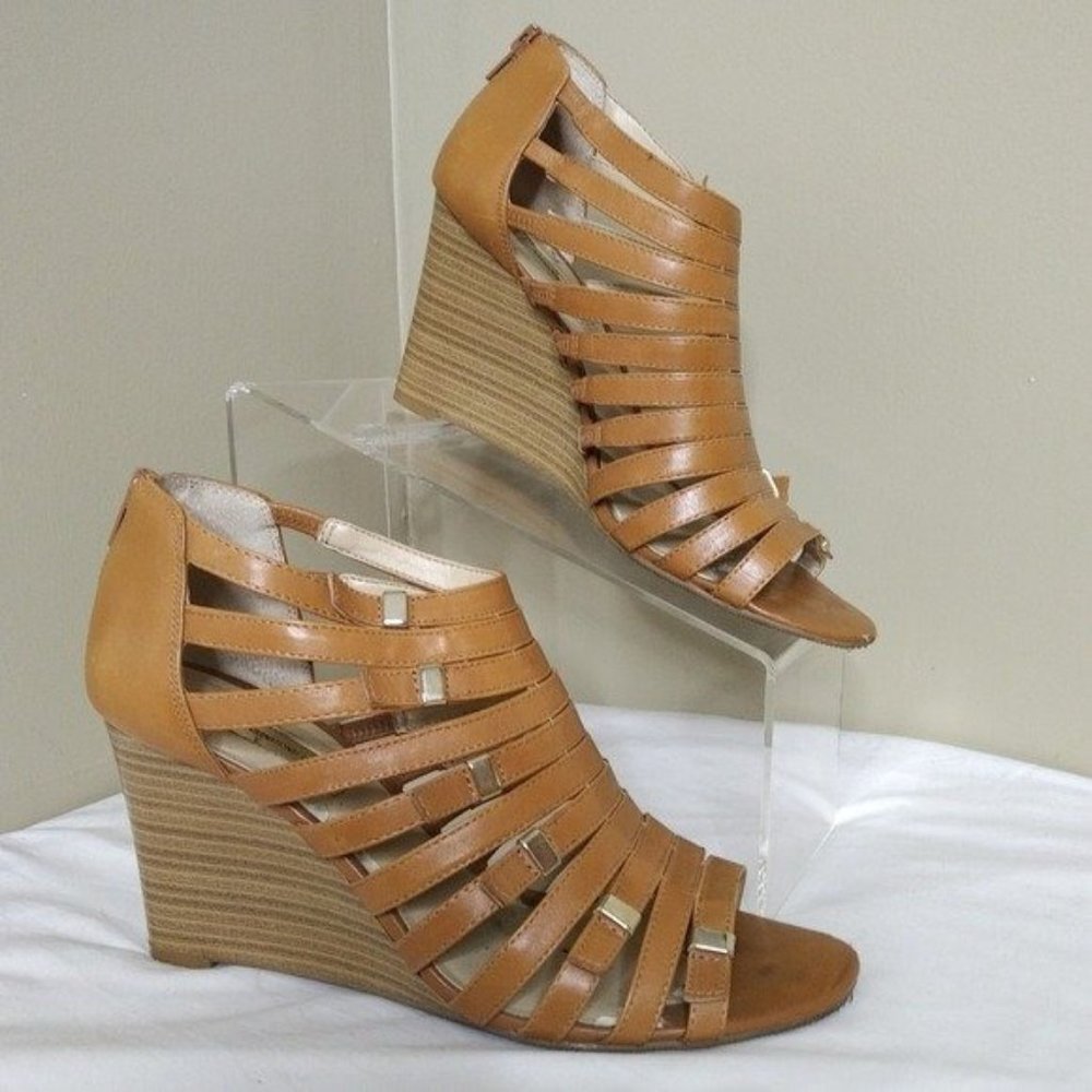 INC International Concepts Tan Strappy Wedge Sandals Faux Wood Look Heel…
